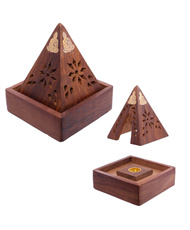 Wood Pyramid Incense Cone Burner Box with Buddha