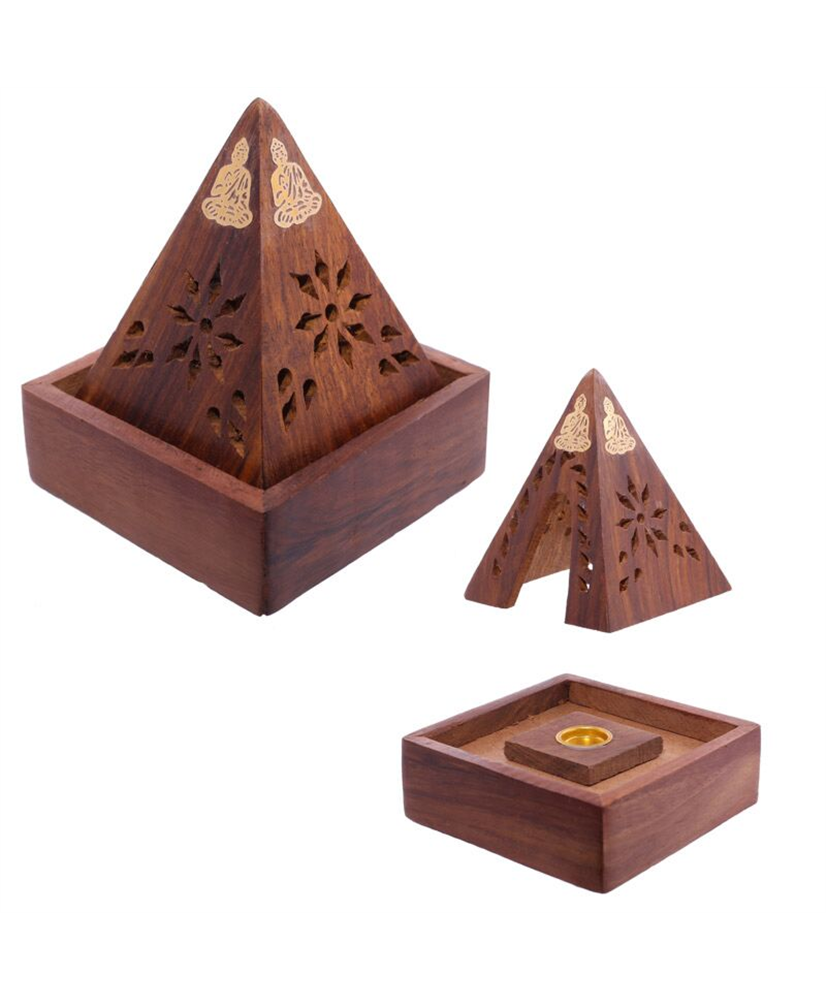 Wood Pyramid Incense Cone Burner Box with Buddha