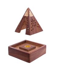 Wood Pyramid Incense Cone Burner Box with Buddha