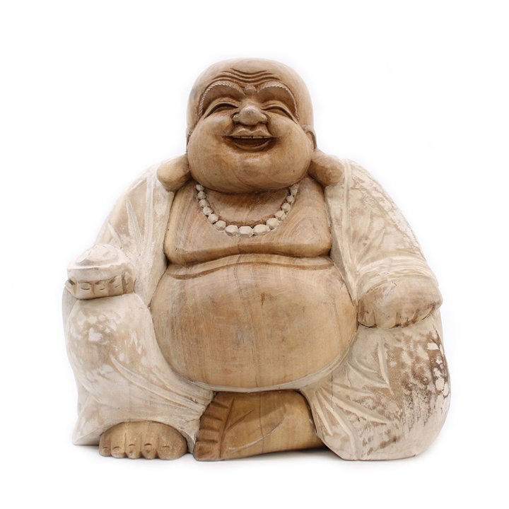 Happy Buddha - Hand Carved - Whitewash 30cm