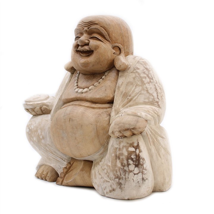 Happy Buddha - Hand Carved - Whitewash 30cm