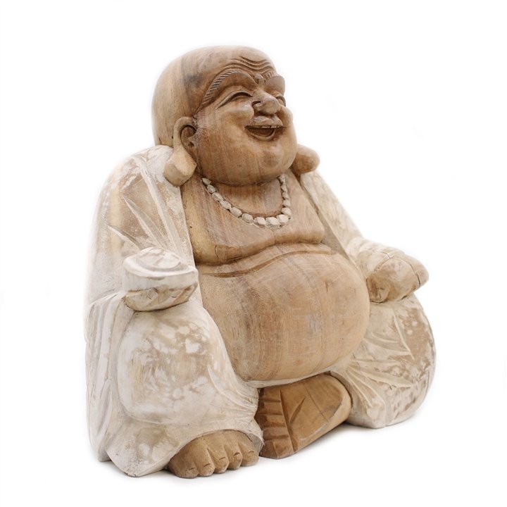 Happy Buddha - Hand Carved - Whitewash 30cm